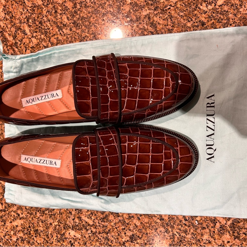 Aquazzura Women’s Glossy Brown Croc-Embossed Loafers
